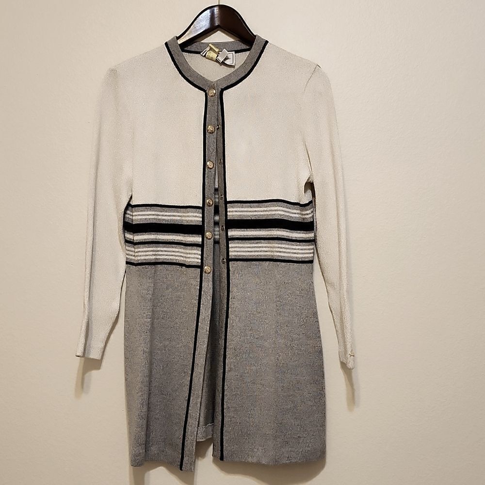 - ST.JOHN Cream, gray and black  cardigan gold buttons